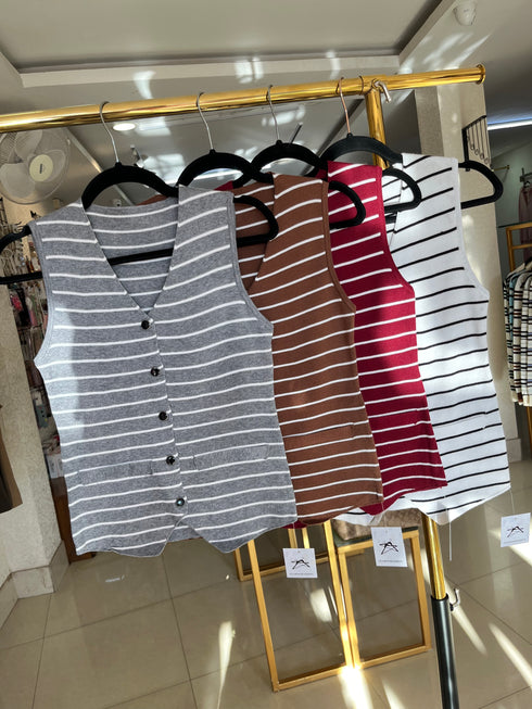 Stripes V-Neck Button Down Vest